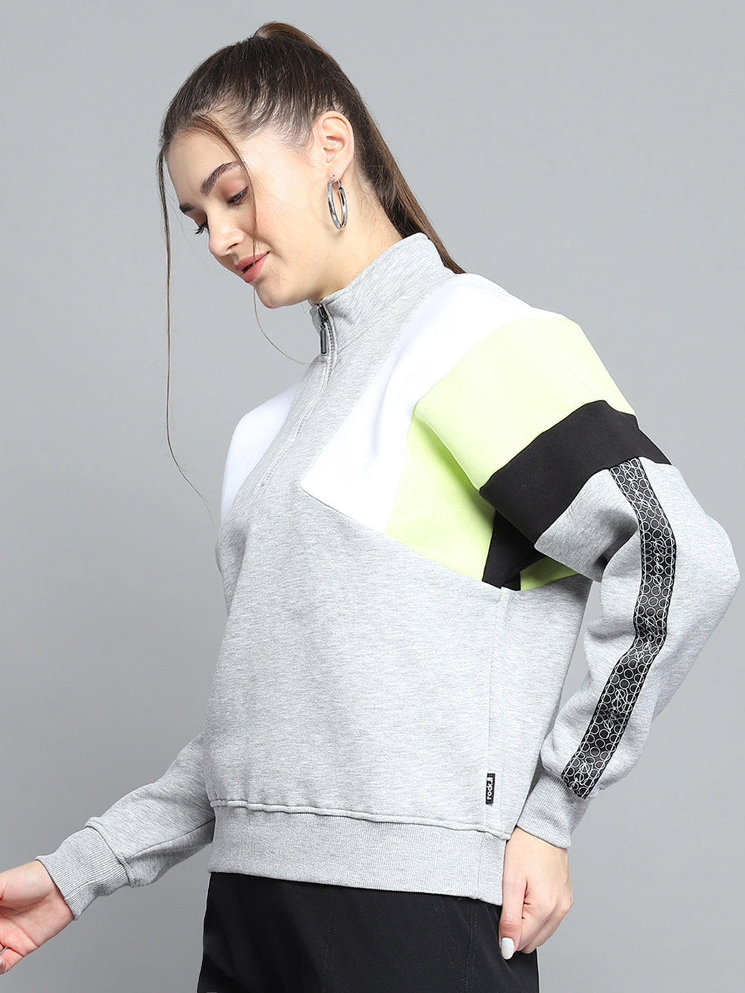Rock.it Women Grey Solid Mock Neck Full Sleeve Sweatshirt