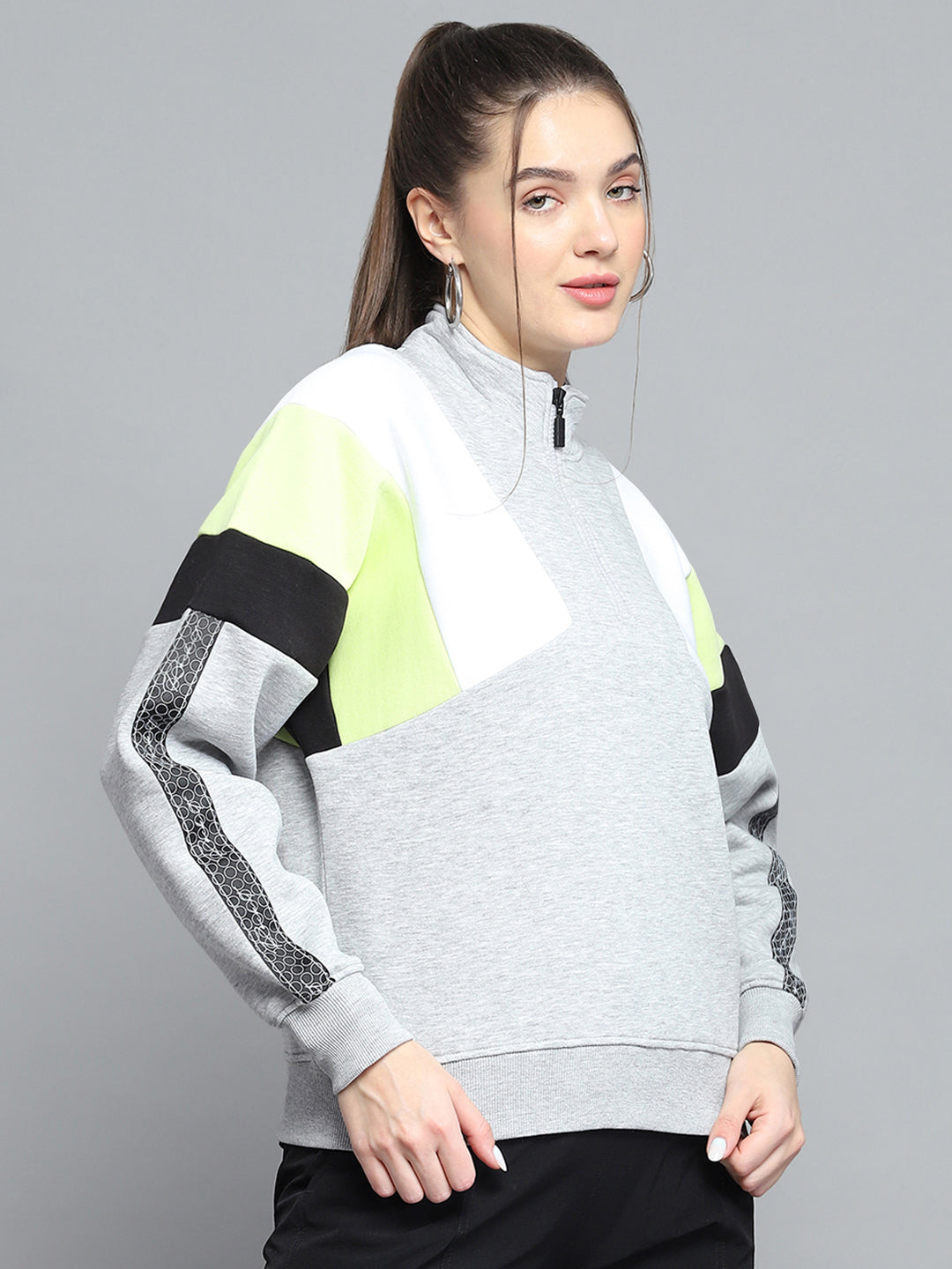 Rock.it Women Grey Solid Mock Neck Full Sleeve Sweatshirt