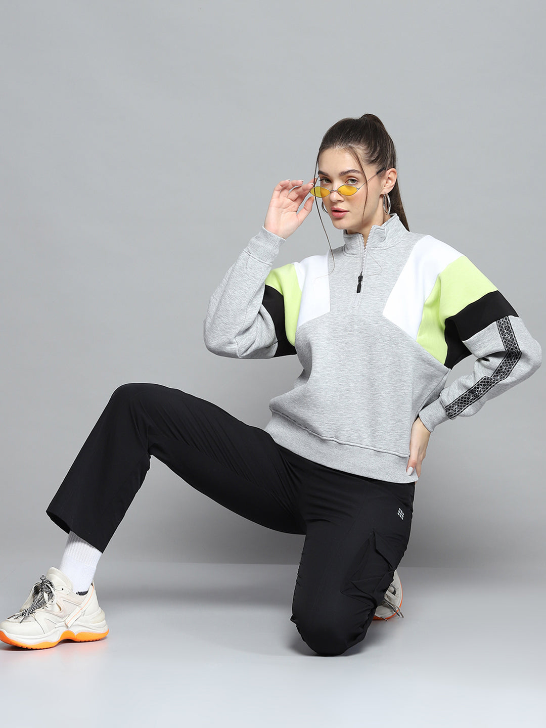 Rock.it Women Grey Solid Mock Neck Full Sleeve Sweatshirt