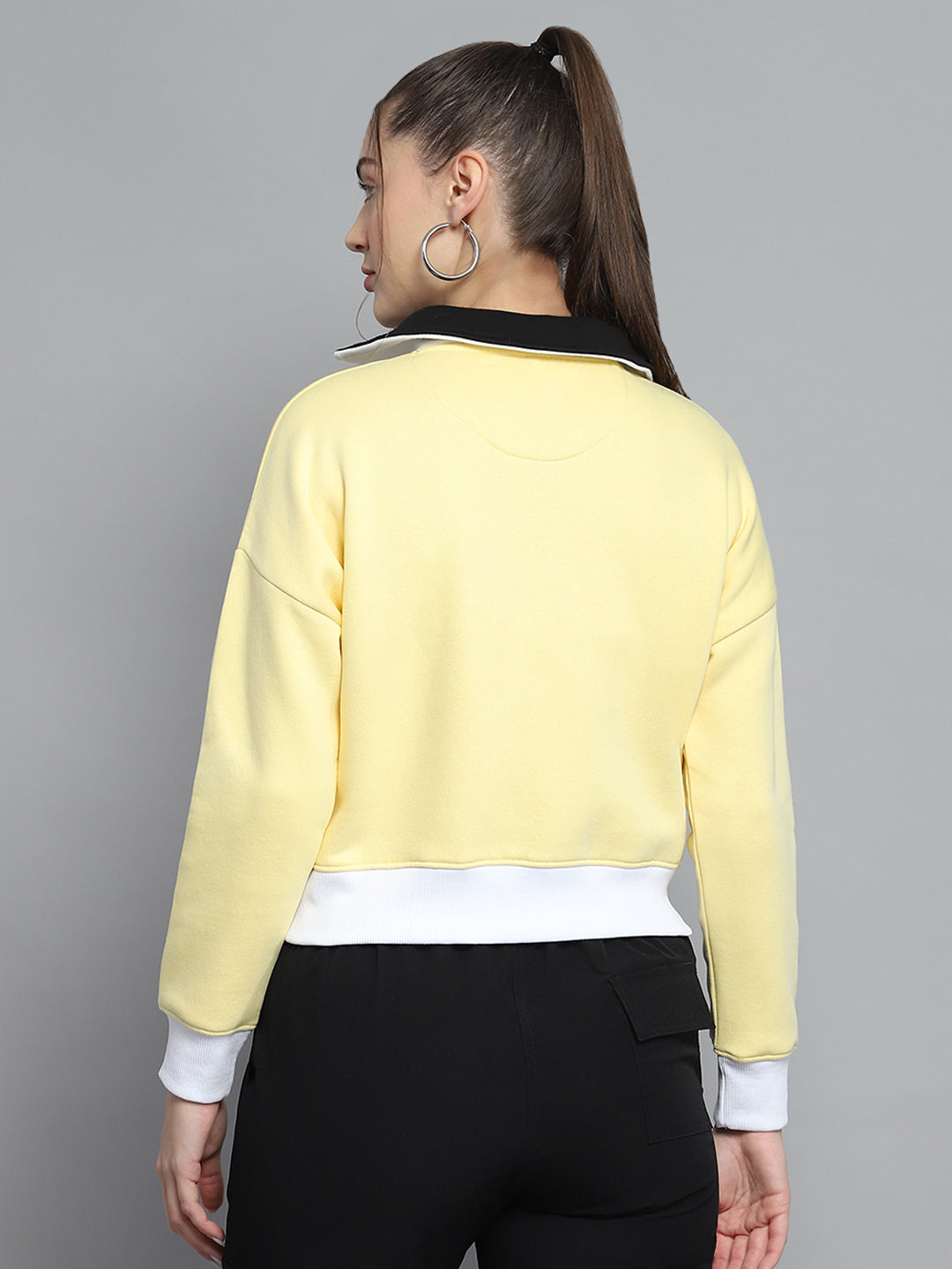 Rock.it Women Yellow Solid Collar Full Sleeve Sweatshirt