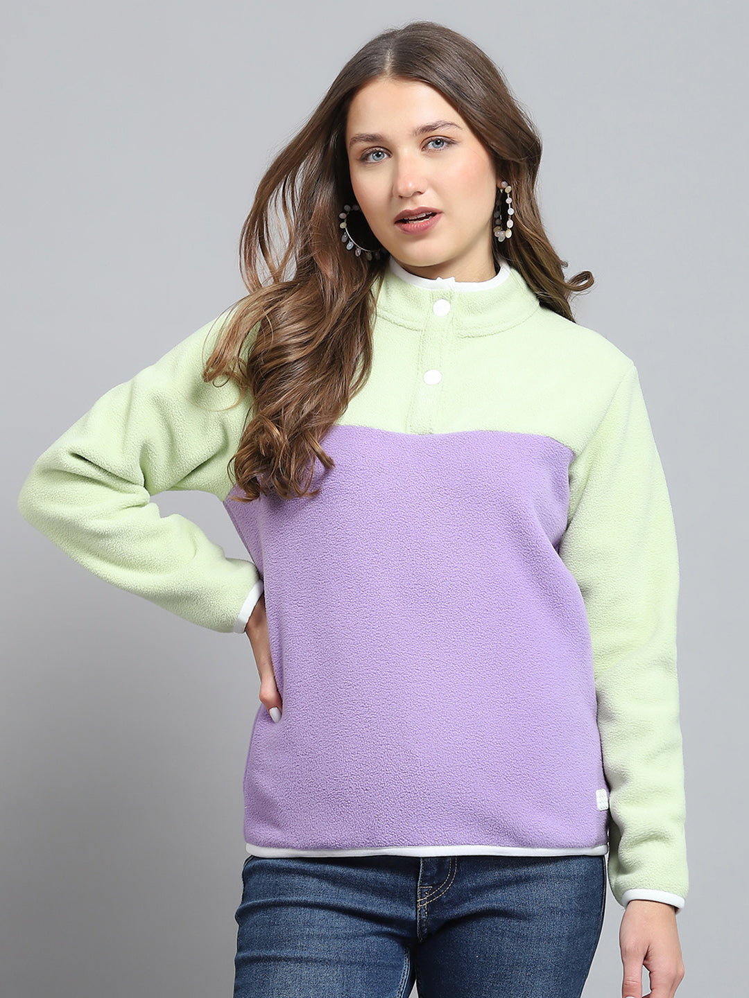 Rock.it Women Purple & Green Self Design Mock Neck Full Sleeve Sweatshirt