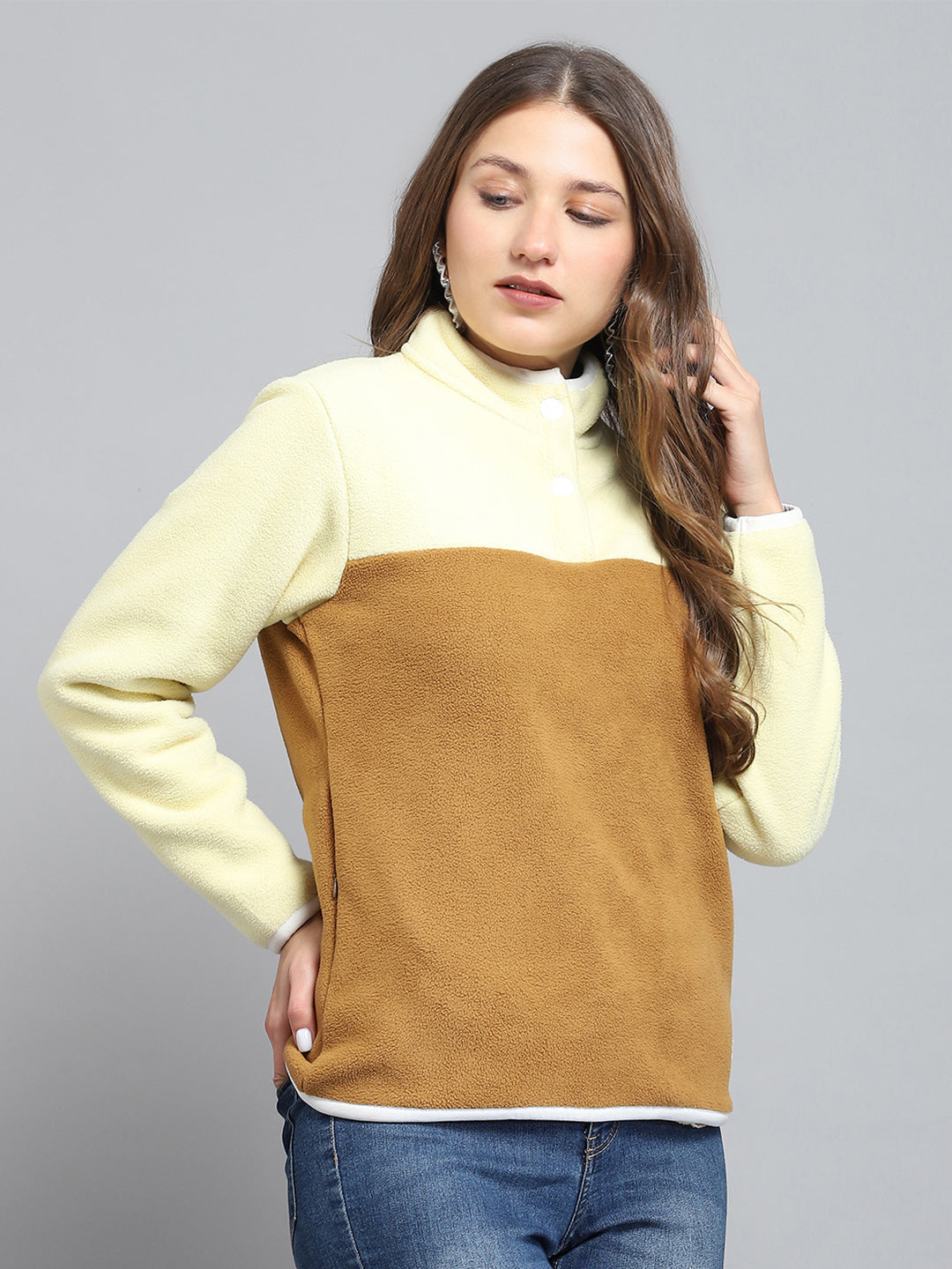 Rock.it Women Brown Self Design Mock Neck Full Sleeve Sweatshirt