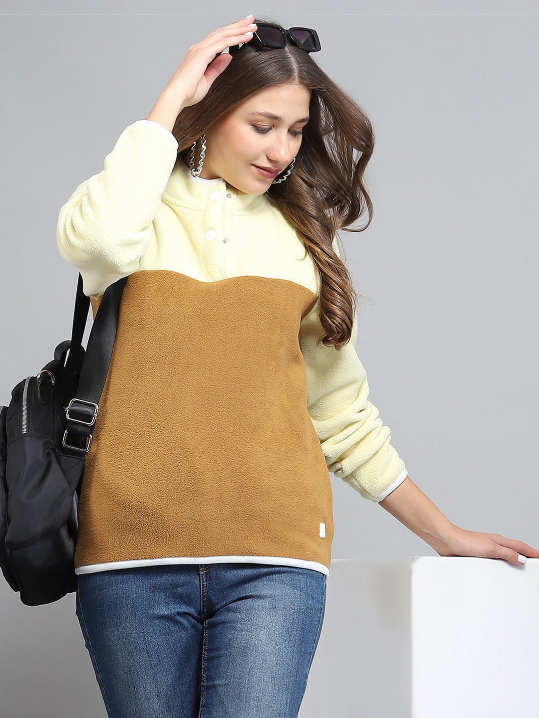 Rock.it Women Brown Self Design Mock Neck Full Sleeve Sweatshirt