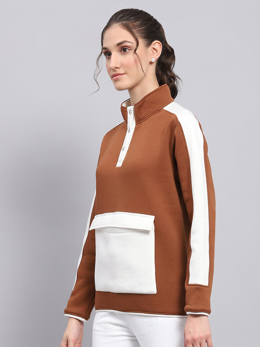 Rock.it Women Brown Solid Mock Neck Full Sleeve Sweatshirt