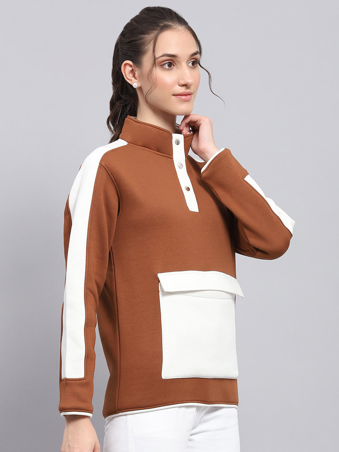 Rock.it Women Brown Solid Mock Neck Full Sleeve Sweatshirt