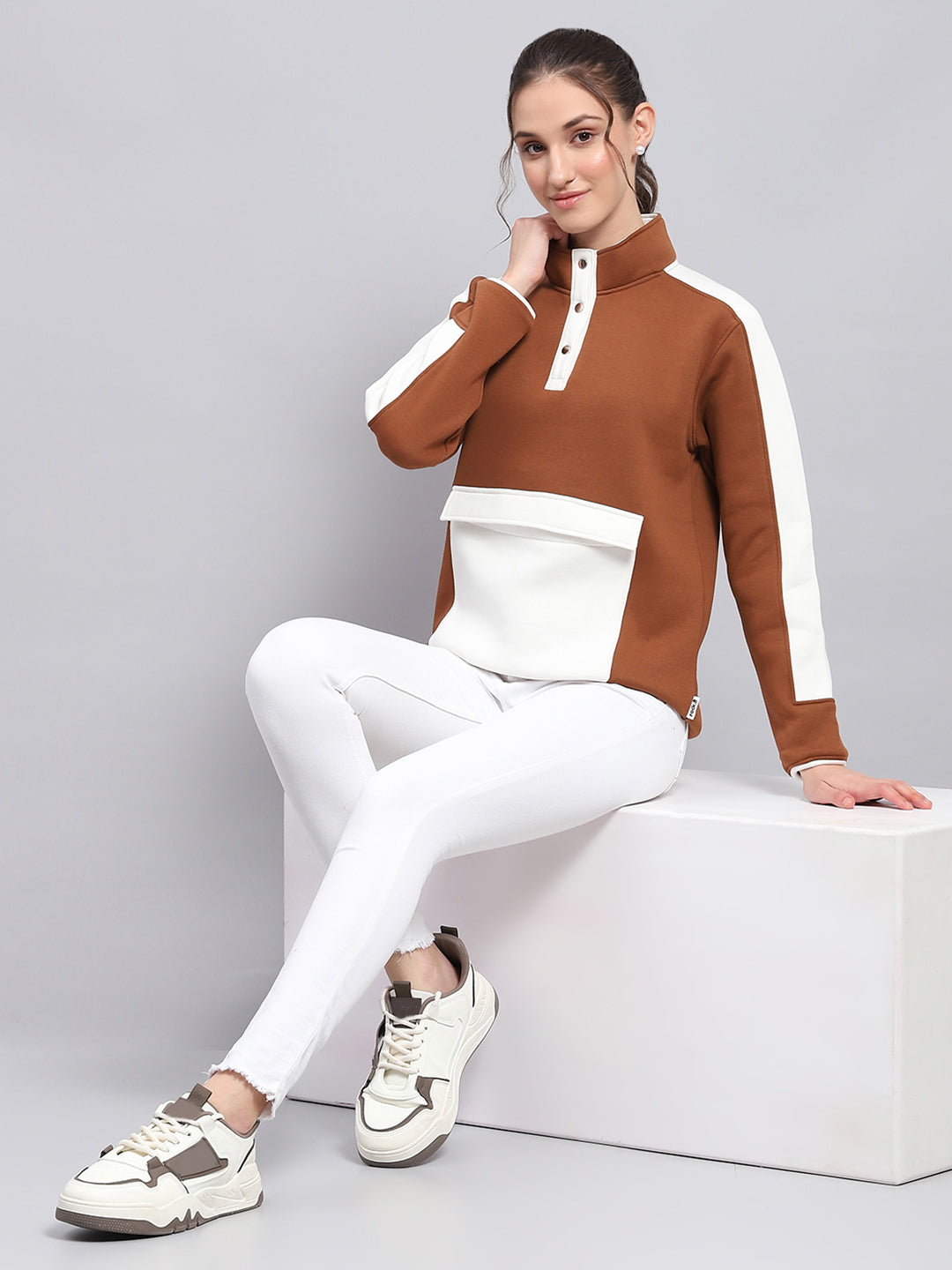 Rock.it Women Brown Solid Mock Neck Full Sleeve Sweatshirt