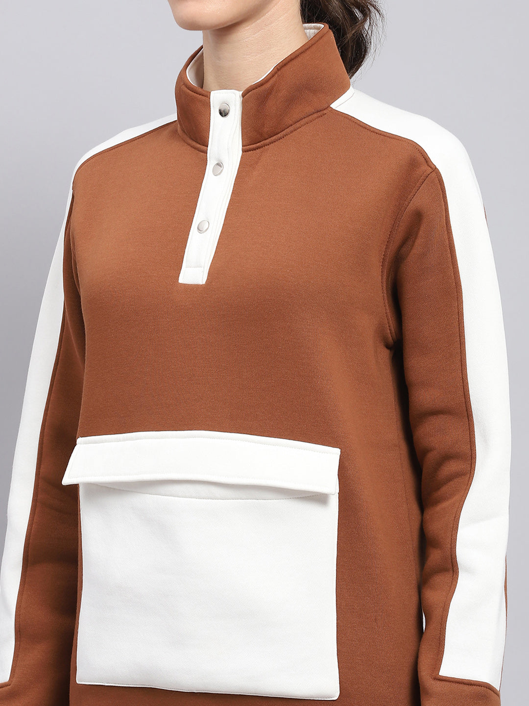 Rock.it Women Brown Solid Mock Neck Full Sleeve Sweatshirt