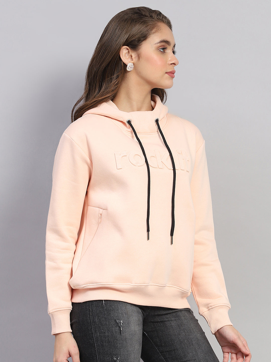 Rock.it Women Peach Solid Hooded Full Sleeve Sweatshirt
