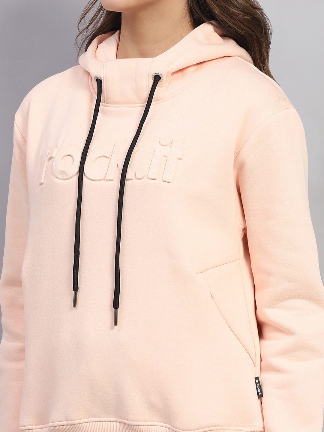 Rock.it Women Peach Solid Hooded Full Sleeve Sweatshirt