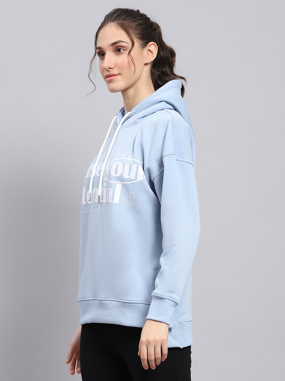 Rock.it Women Sky Blue Printed Hooded Full Sleeve Sweatshirt