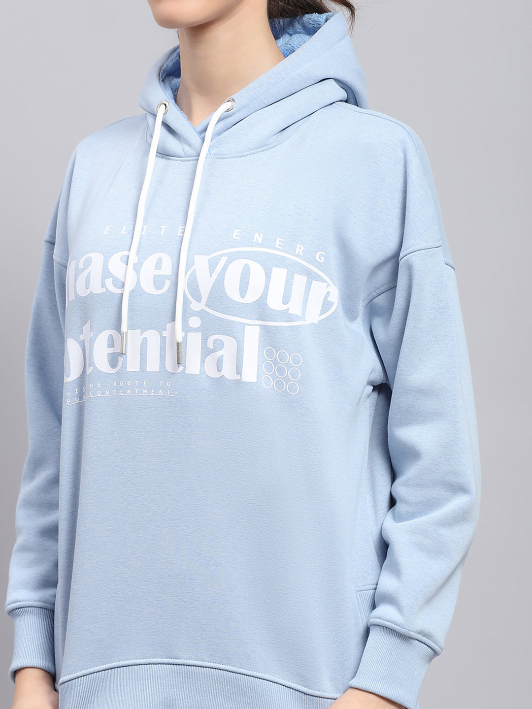 Rock.it Women Sky Blue Printed Hooded Full Sleeve Sweatshirt