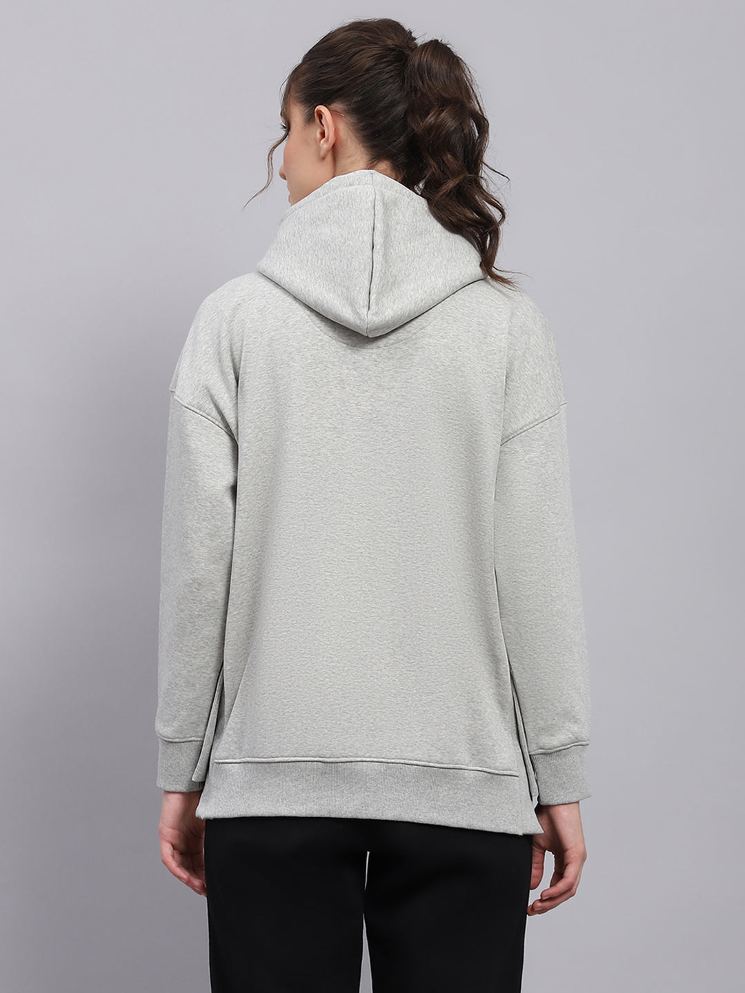 Rock.it Women Grey Printed Hooded Full Sleeve Sweatshirt