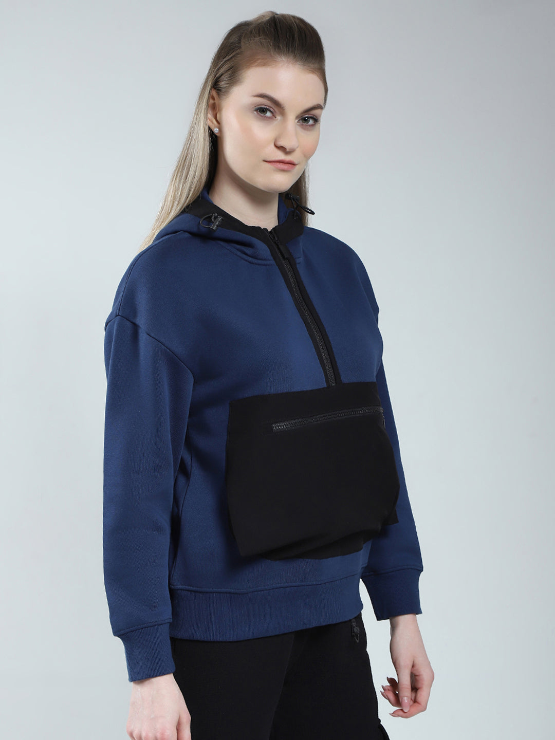 Rock.it Women Navy Blue Solid Hooded Full Sleeve Sweatshirt