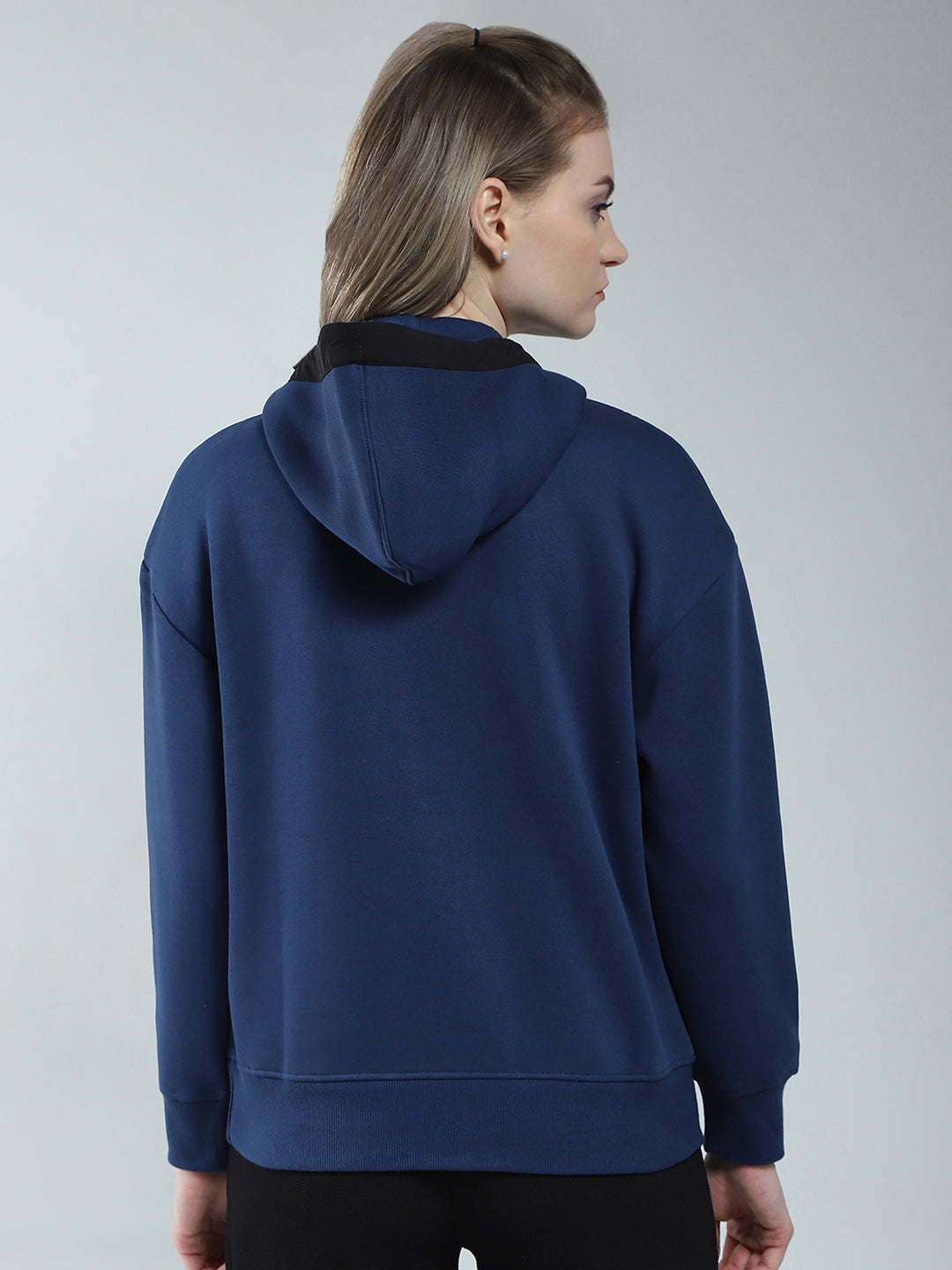 Rock.it Women Navy Blue Solid Hooded Full Sleeve Sweatshirt