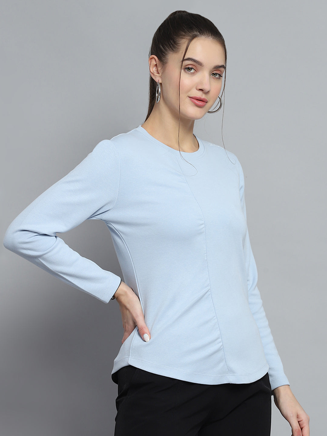 Rock.it Women Blue Solid Round Neck Full Sleeve Winter Tops