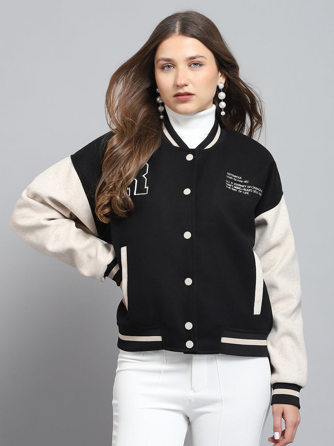 Rock.it Women Black Printed Band Collar Full Sleeve Jacket