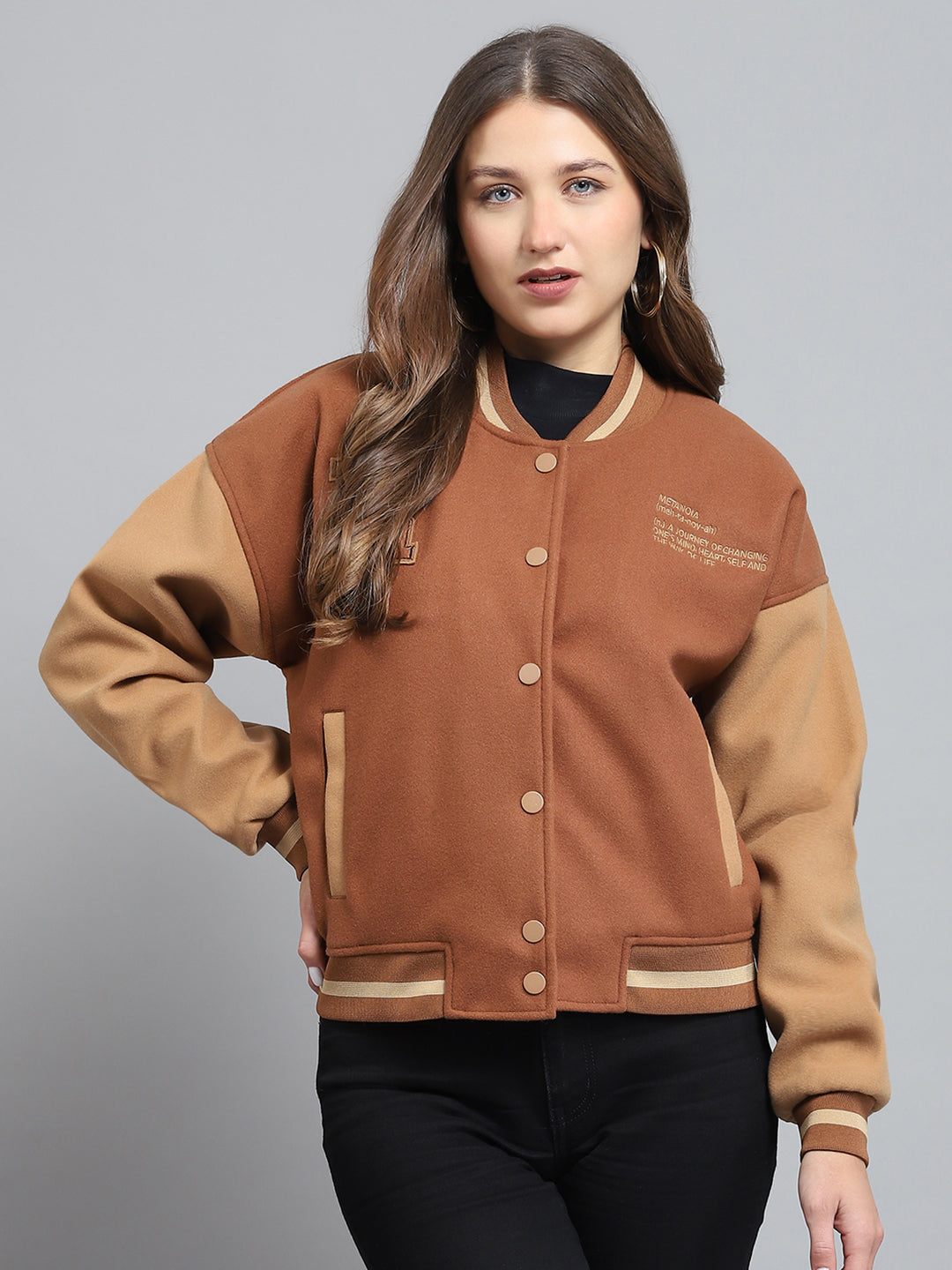 Rock.it Women Brown Printed Band Collar Full Sleeve Jacket