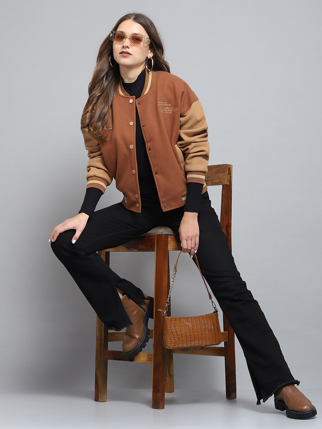 Rock.it Women Brown Printed Band Collar Full Sleeve Jacket