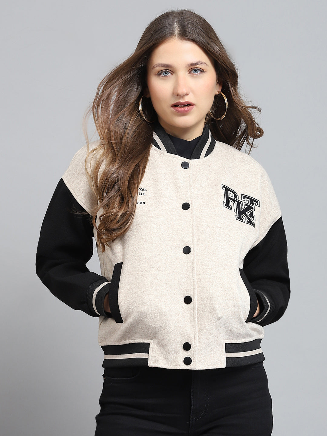 Rock.it Women Cream Printed Band Collar Full Sleeve Jacket