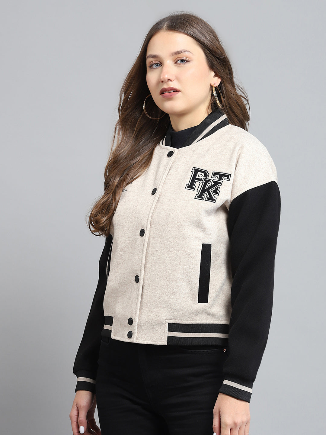Rock.it Women Cream Printed Band Collar Full Sleeve Jacket