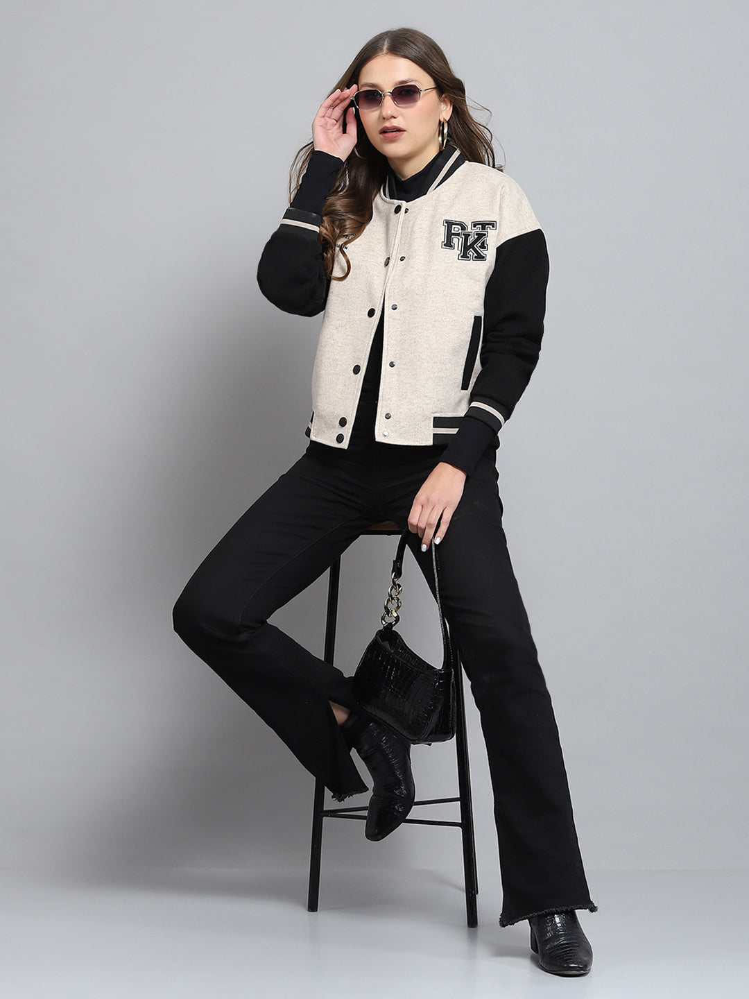 Rock.it Women Cream Printed Band Collar Full Sleeve Jacket