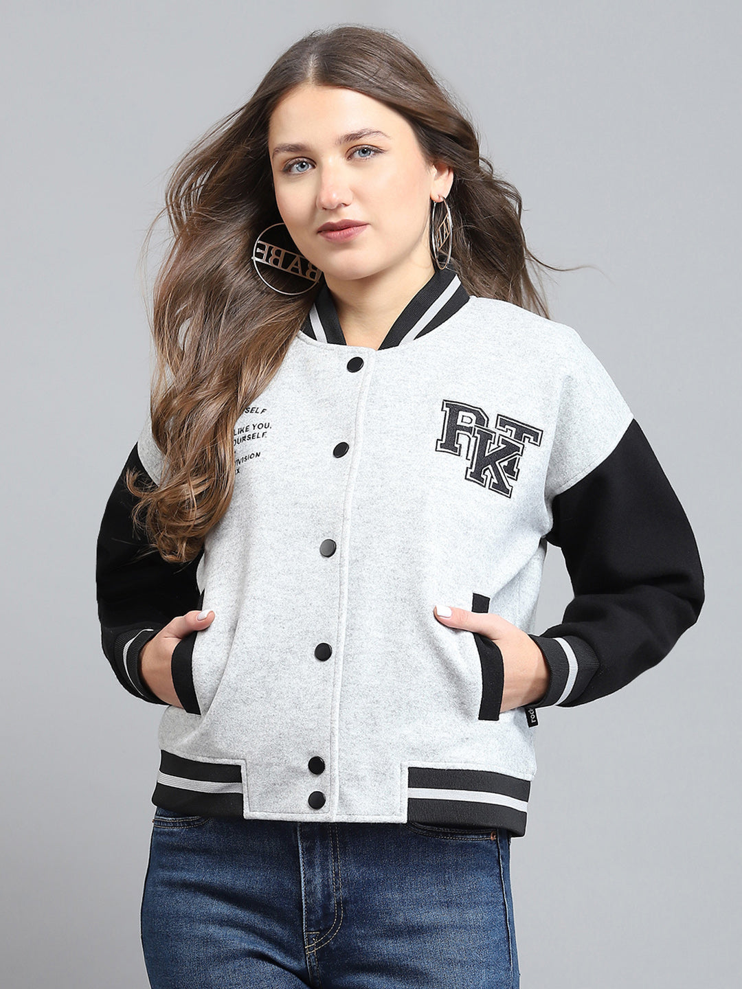Rock.it Women Grey Printed Band Collar Full Sleeve Jacket