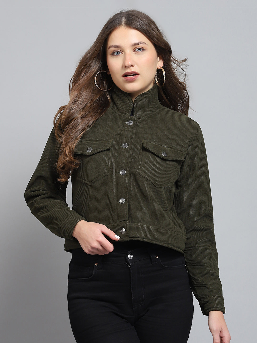 Rock.it Women Olive Solid Collar Full Sleeve Jacket