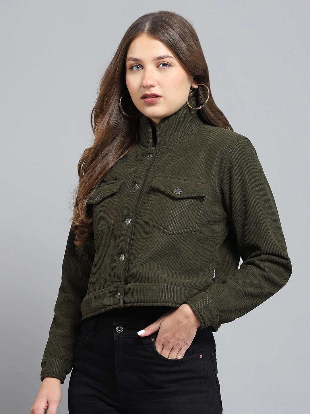 Rock.it Women Olive Solid Collar Full Sleeve Jacket
