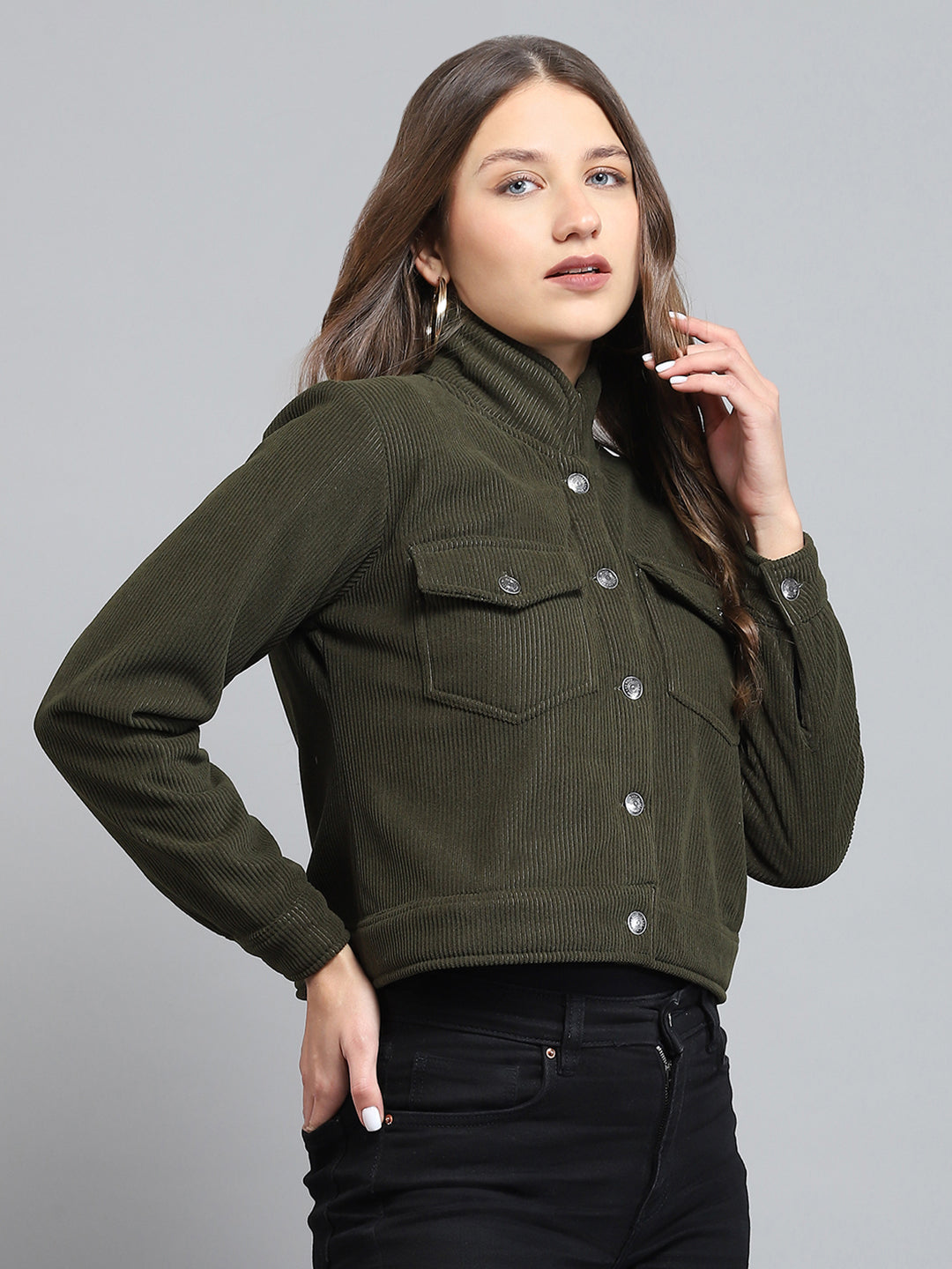 Rock.it Women Olive Solid Collar Full Sleeve Jacket