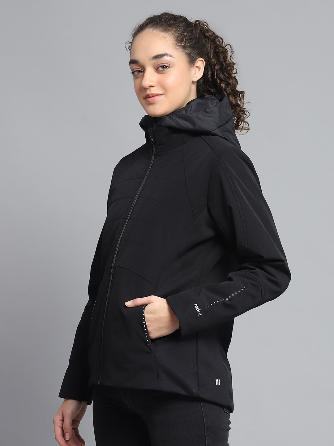 Rock.it Women Black Solid Detachable Hood Full Sleeve Jacket