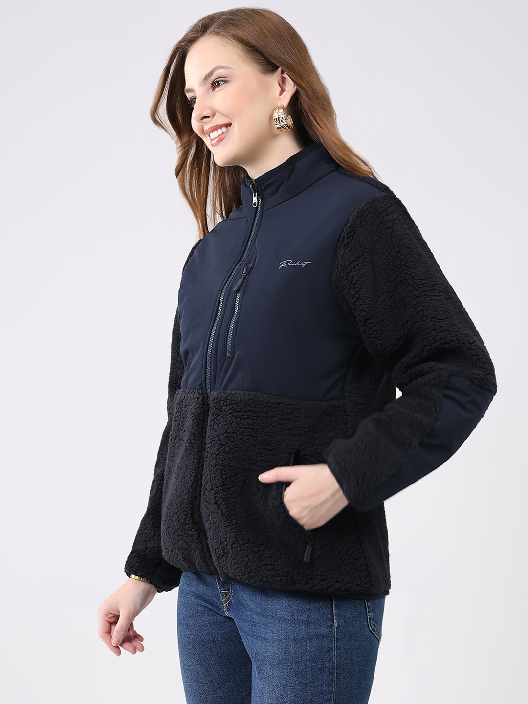 Rock.it Women Navy Blue Solid Mock Neck Full Sleeve Reversible Jacket