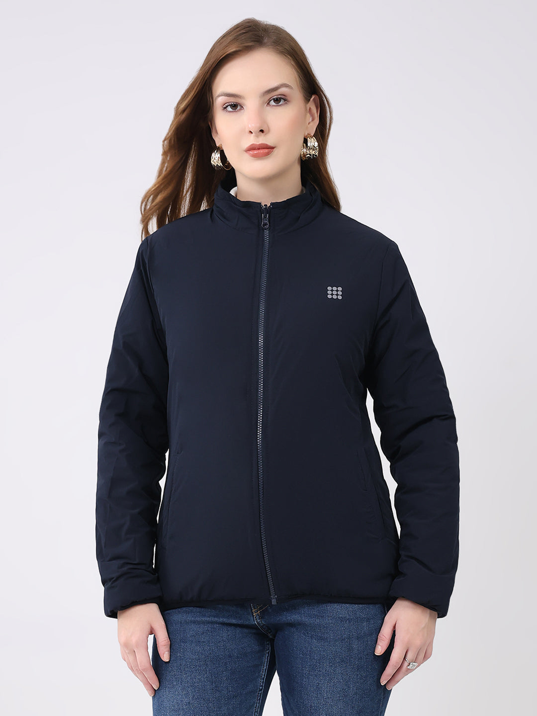 Rock.it Women Navy Blue Solid Mock Neck Full Sleeve Reversible Jacket