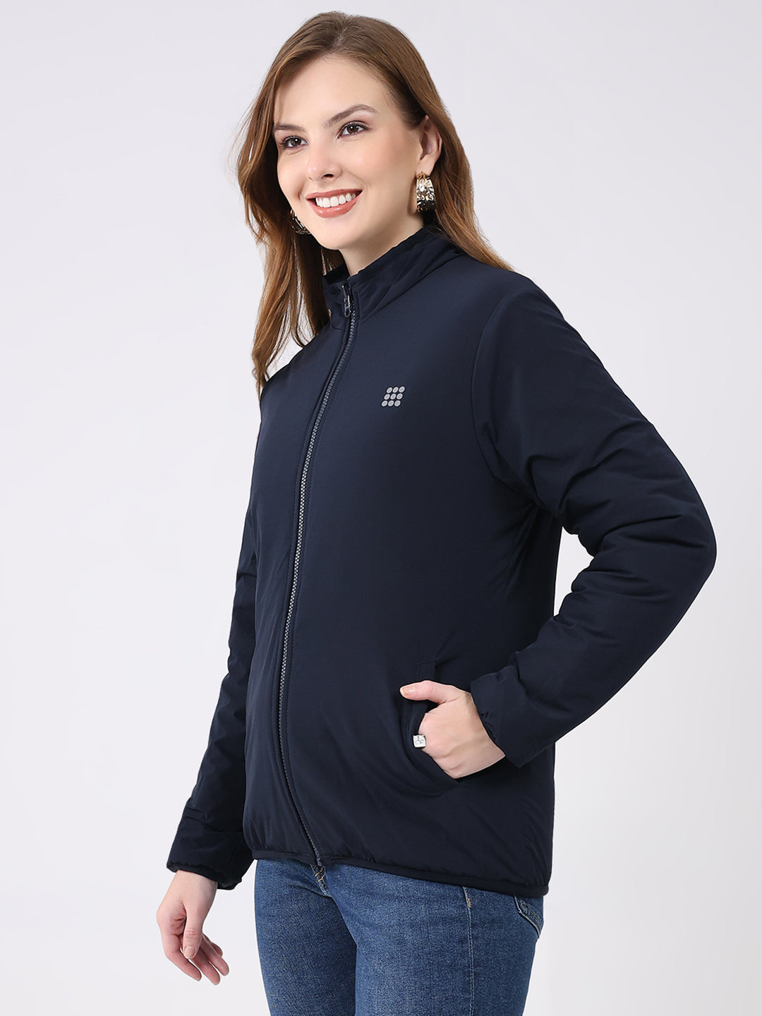 Rock.it Women Navy Blue Solid Mock Neck Full Sleeve Reversible Jacket