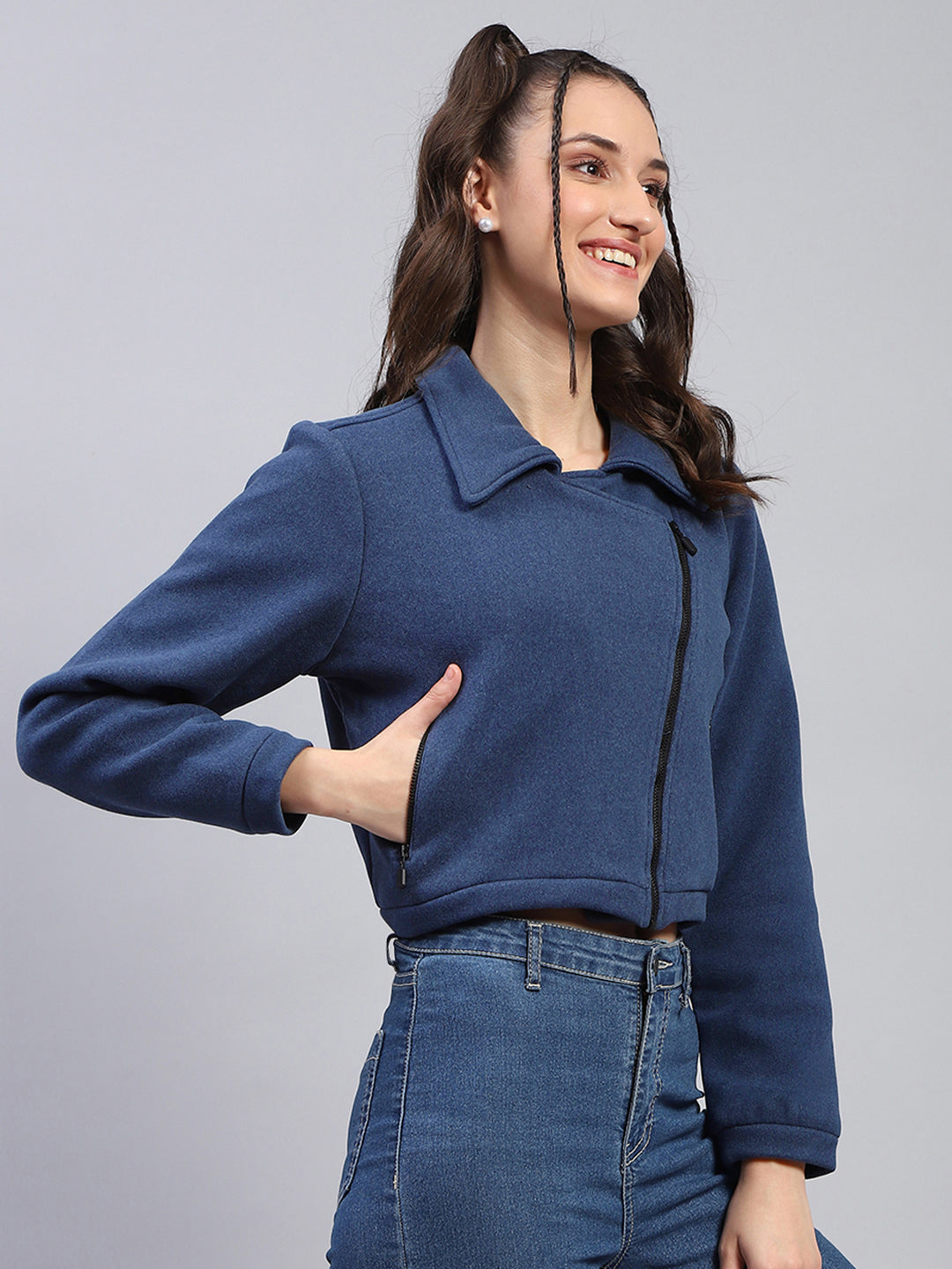 Rock.it Women Blue Solid Collar Full Sleeve Jacket