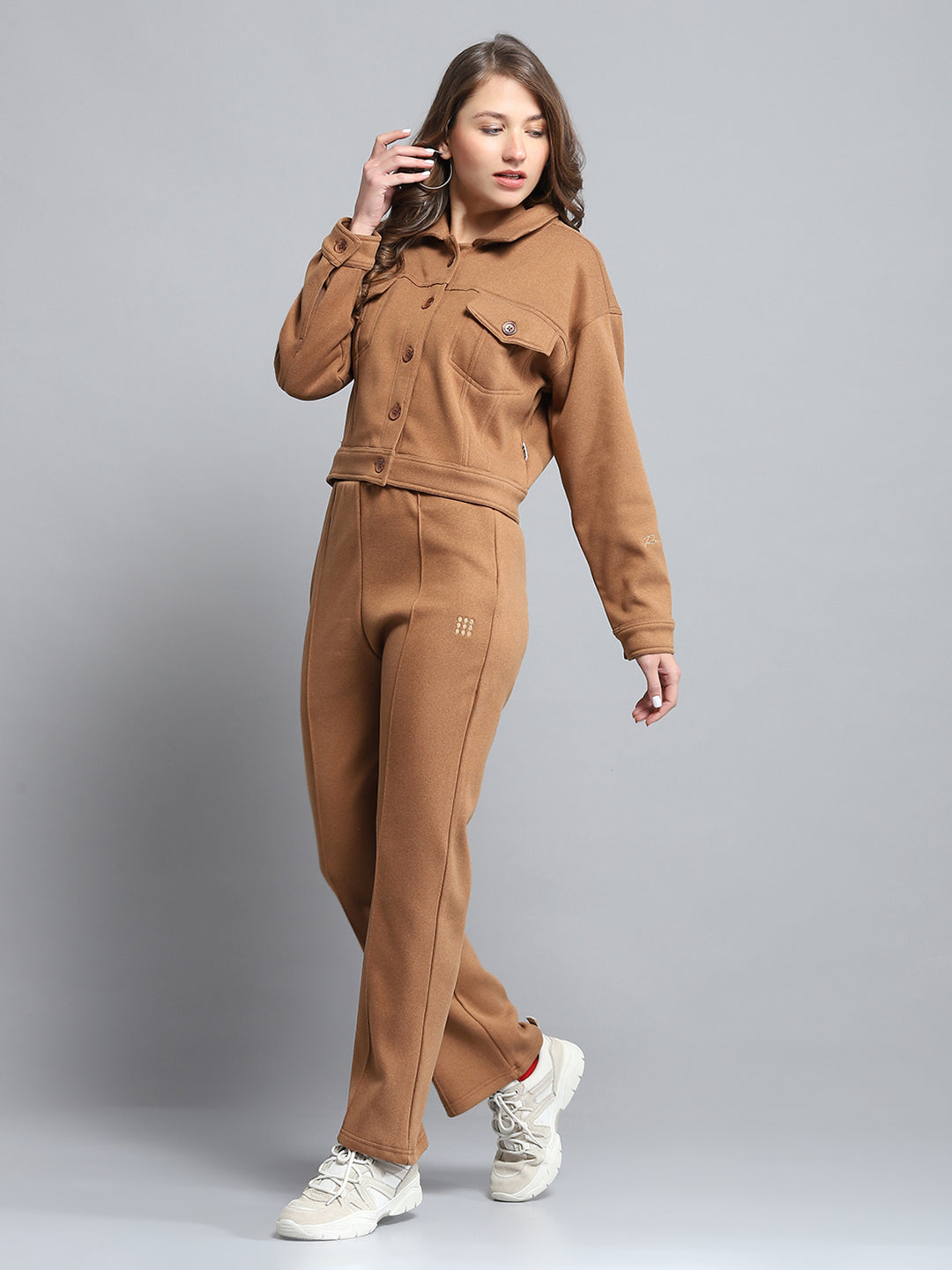 Rock.it Women Brown Solid Collar Full Sleeve Tracksuit