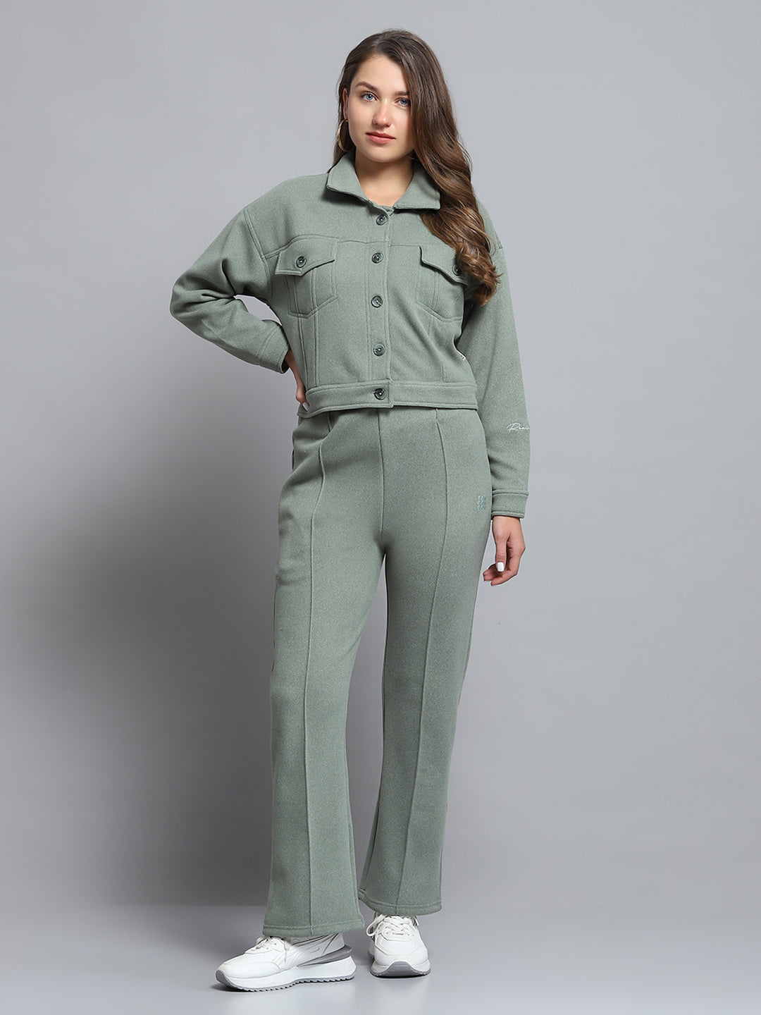 Rock.it Women Green Solid Collar Full Sleeve Tracksuit