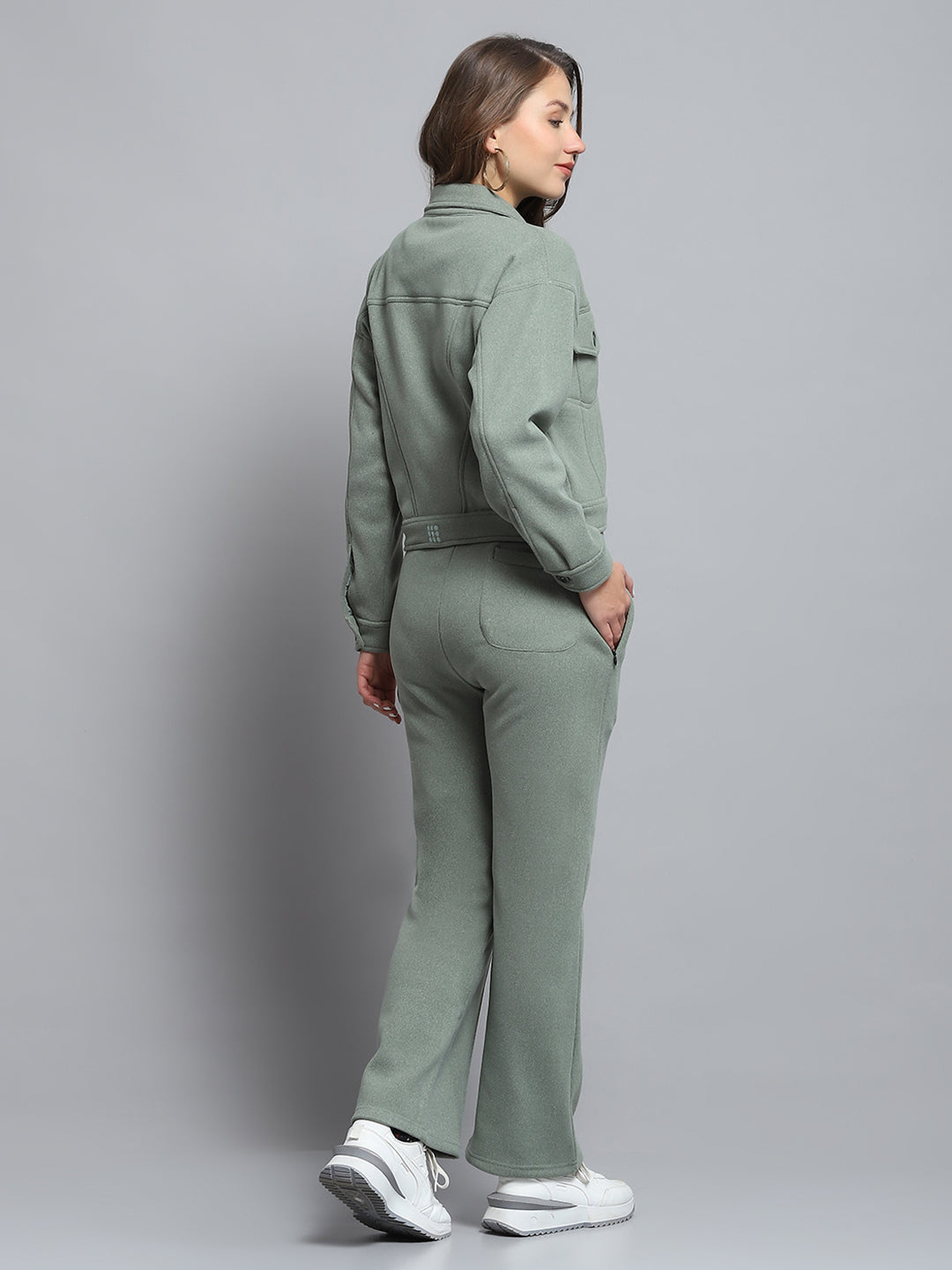 Rock.it Women Green Solid Collar Full Sleeve Tracksuit