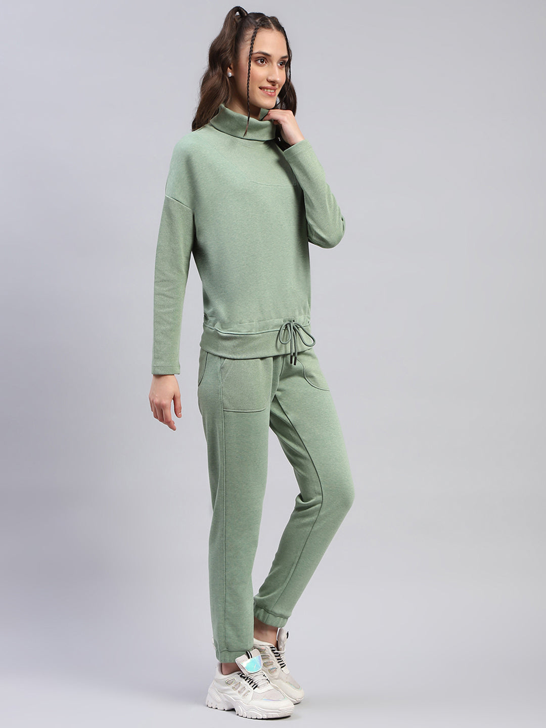 Rock.it Women Green Solid High Neck Full Sleeve Tracksuit