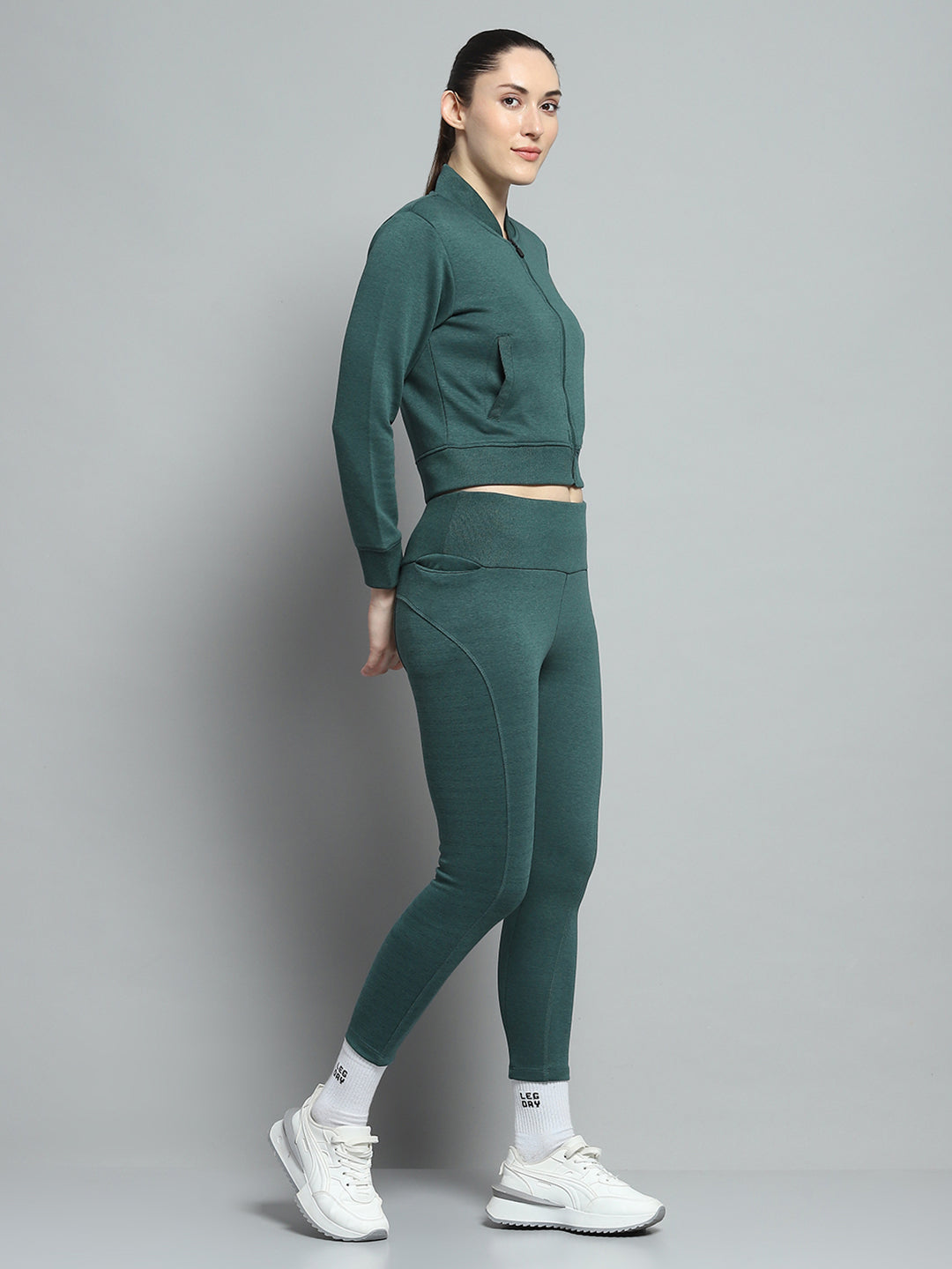 Rock.it Women Teal Blue Solid Mock Neck Full Sleeve Tracksuit
