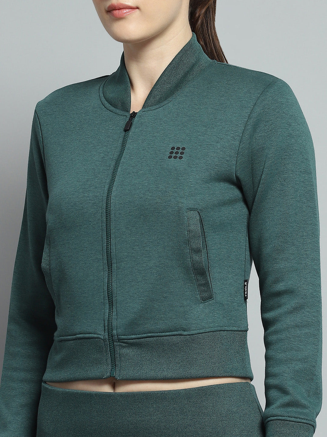 Rock.it Women Teal Blue Solid Mock Neck Full Sleeve Tracksuit