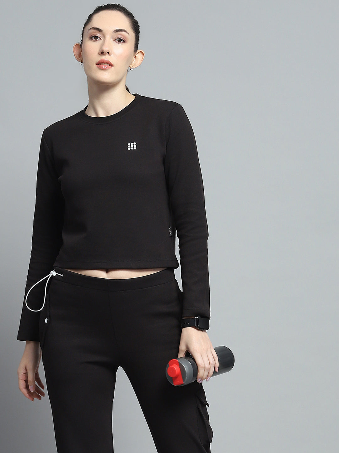 Rock.it Women Black Solid Round Neck Full Sleeve Tracksuit