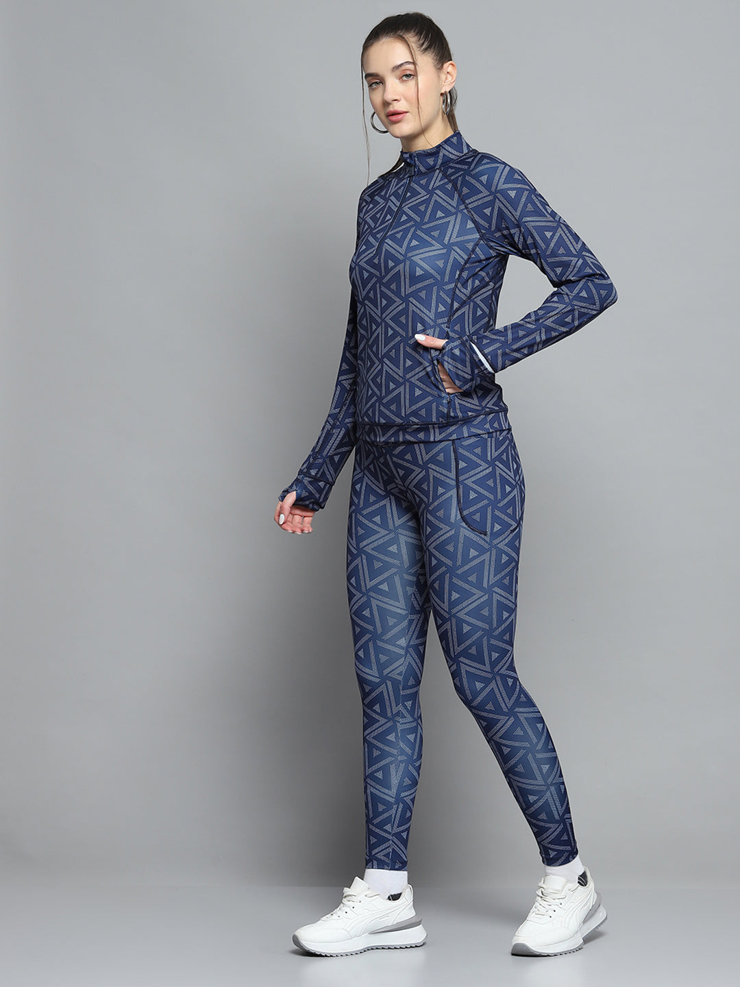 Rock.it Women Navy Blue Printed Mock Neck Full Sleeve Tracksuit