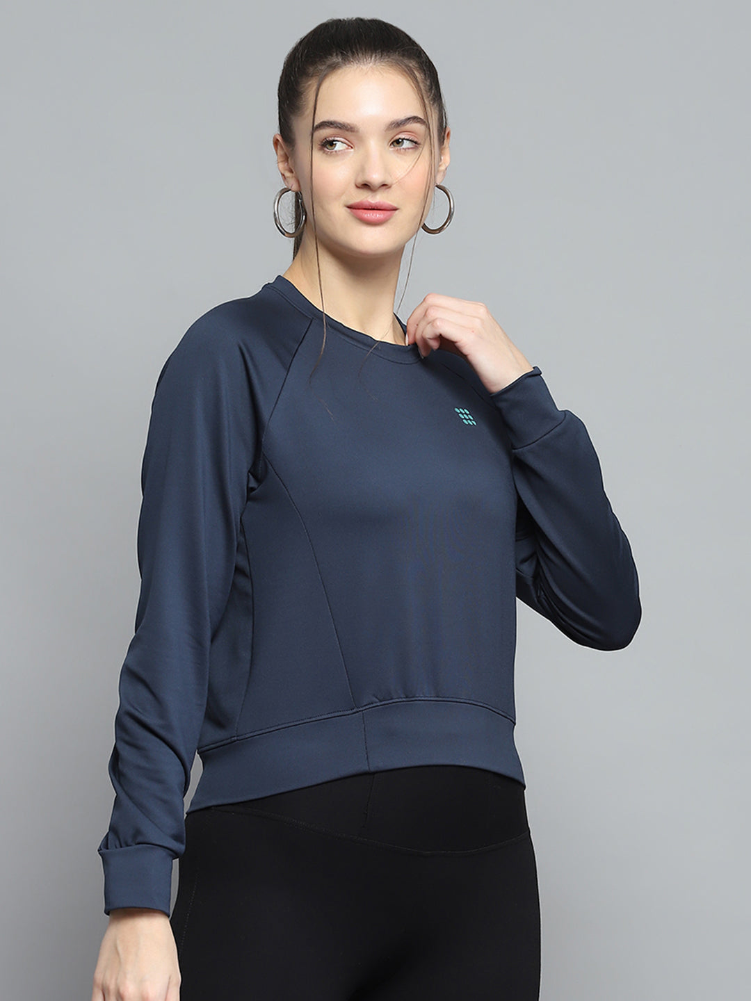 Rock.it Women Navy Blue Solid Round Neck Full Sleeve Sweatshirt