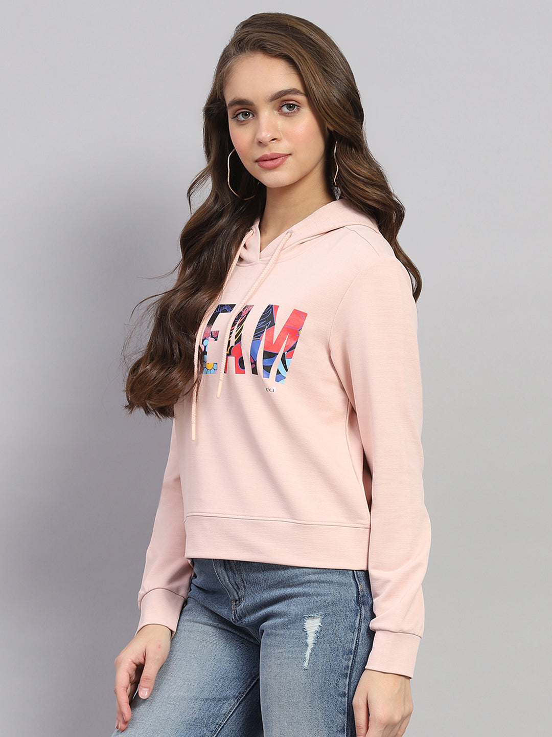 Rock.it Women Peach Printed Hooded Full Sleeve Sweatshirt