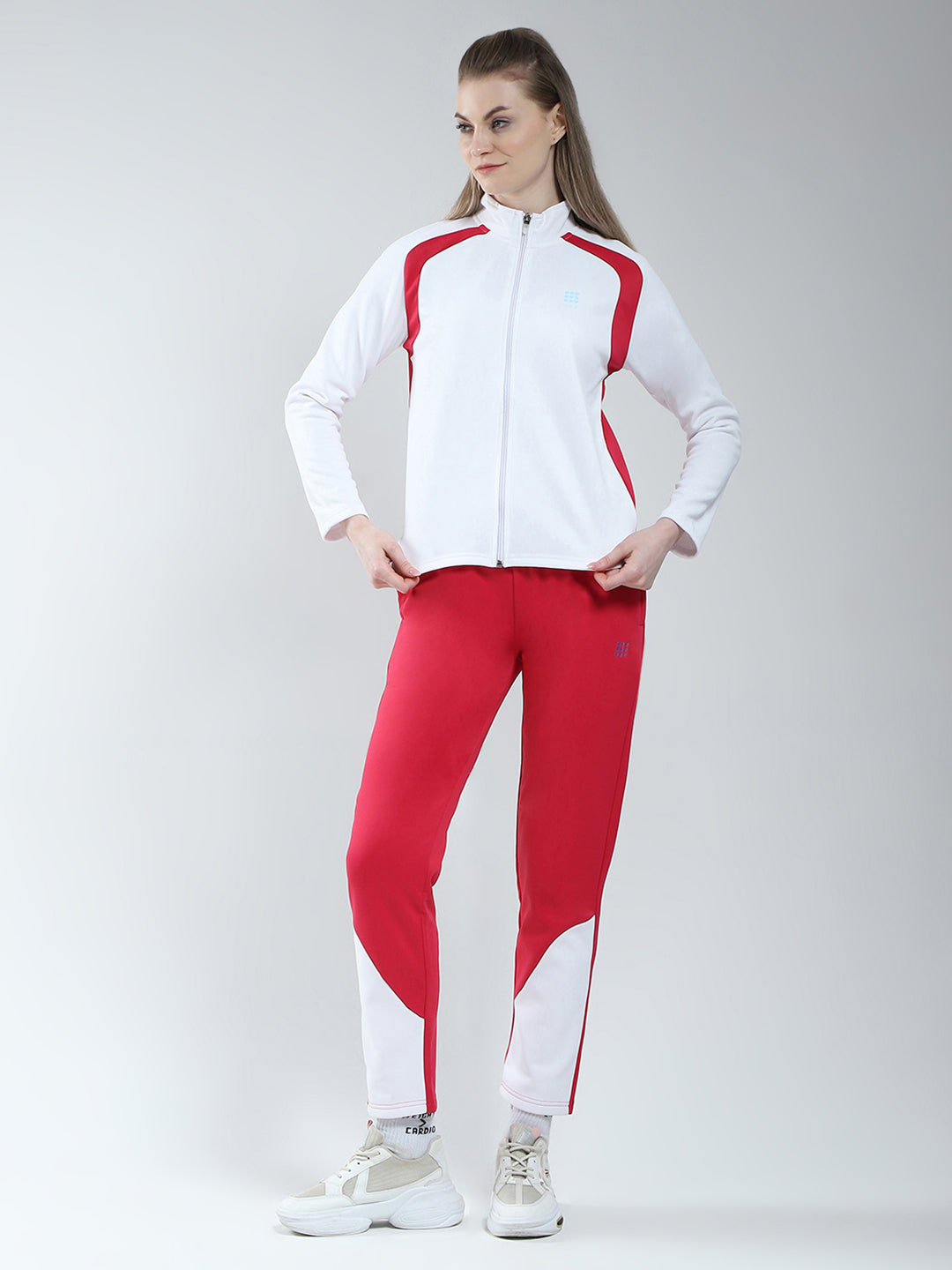 Rock.it Women White & Red Solid Mock Neck Full Sleeve Winter Tracksuit