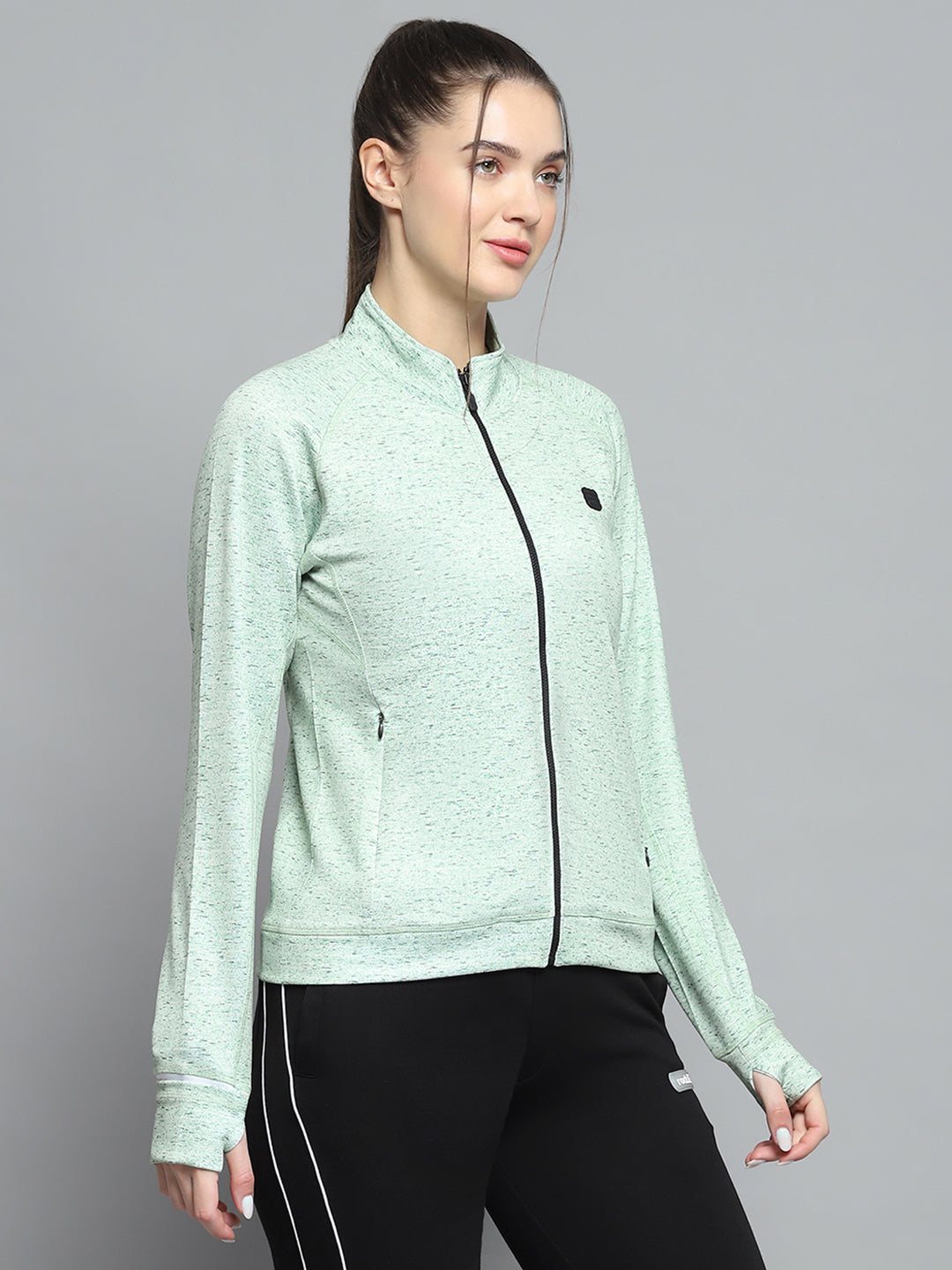 Rock.it Women Green Printed Mock Neck Full Sleeve Sweatshirt