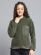 Rock.it Women Olive Solid Mock Neck Full Sleeve Sweatshirt