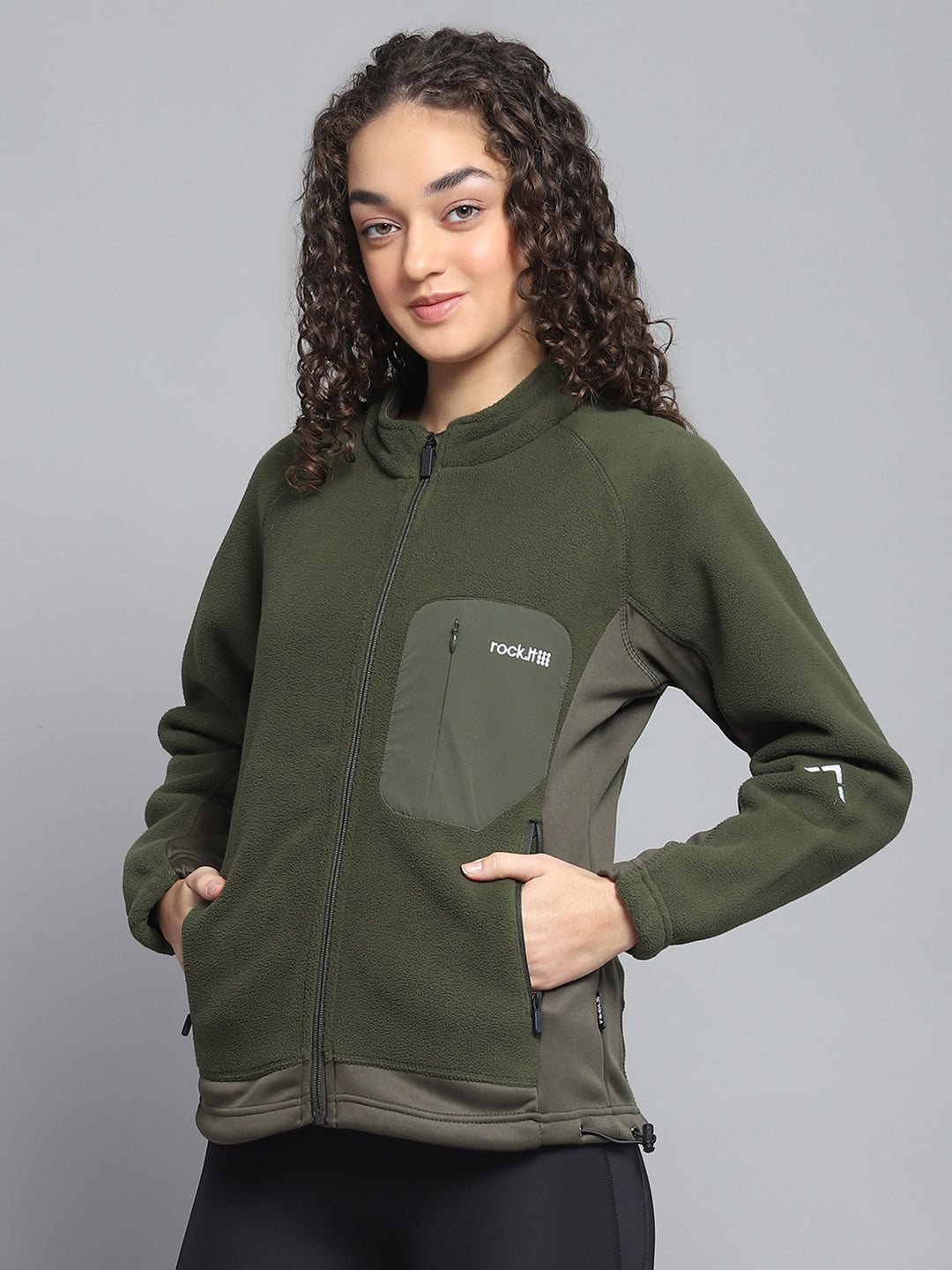 Rock.it Women Olive Solid Mock Neck Full Sleeve Sweatshirt
