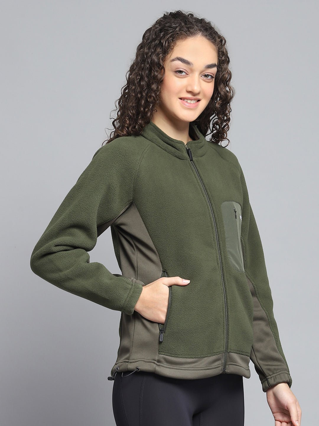Rock.it Women Olive Solid Mock Neck Full Sleeve Sweatshirt