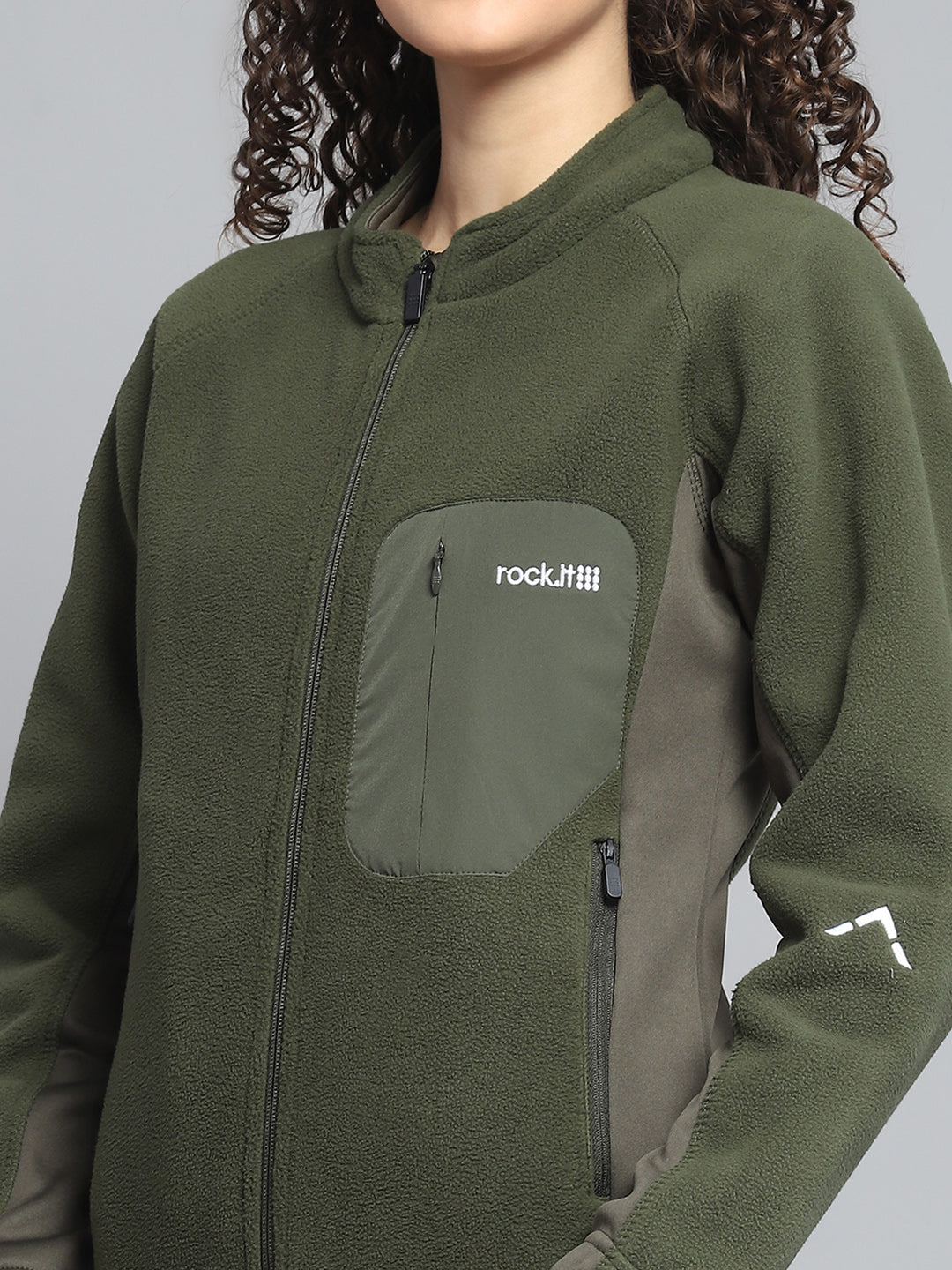Rock.it Women Olive Solid Mock Neck Full Sleeve Sweatshirt